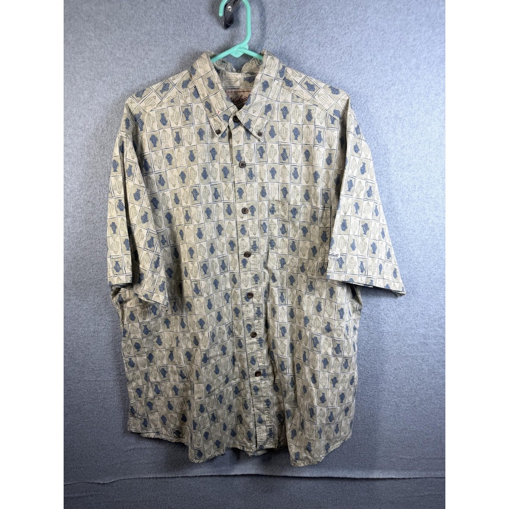 Woolrich Shirt Mens XL Beige Geometric Short Sleeve Button Up Outdoor Casual